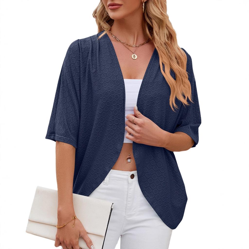 Women's Open Front Three Quarter Sleeve Cardigan Loose Fit Solid Knit Shrug Elegant Casual Hollow Out Kimono Cover Up For Spring Daily Outfit