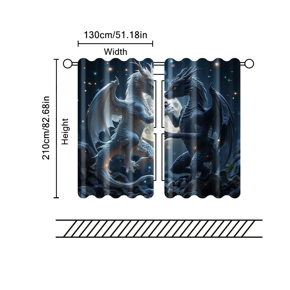 2 Pcs, Filtering Curtains (excluding Rods, Non-movable, Without Batteries) Yin Yang Dragons for Use In Bedrooms and Living Rooms