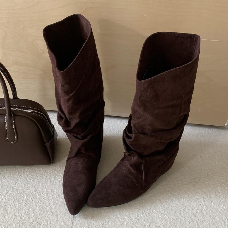 Fashion Flats Women High Boots Suede Pointed Toe Designer Shoes Winter Luxury Dress Woman 2025 New Fashion Sexy Chelsea Botas De Mujer