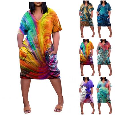 Women's Summer Plus Size V Neck Short Sleeve Knee Pocket Casual Dress