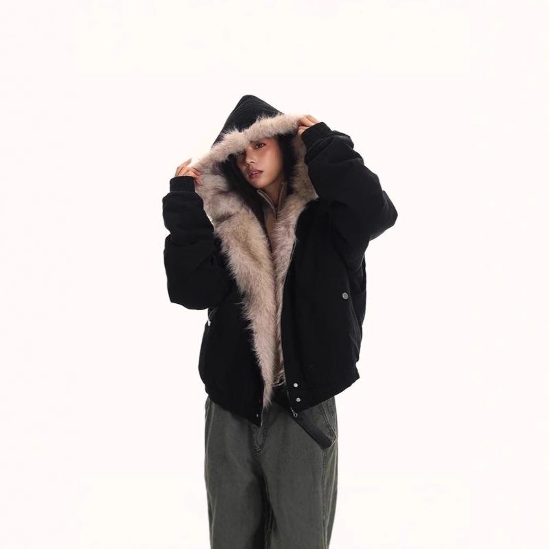 Autumn and Winter New Mountain Carving Fur Collar Plush Thickened Cotton Jacket Men's and Women's Winter Tooling Couple's Coat