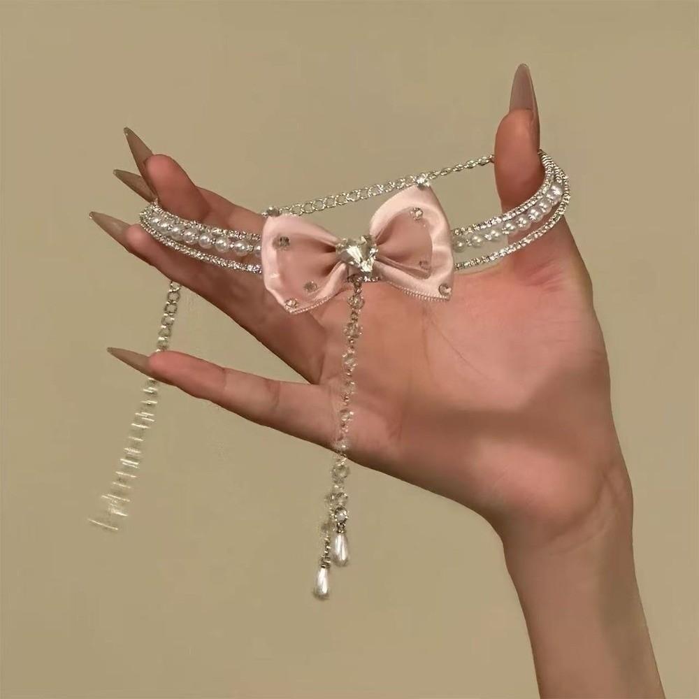 Collier avec Perles Nœud Argenté Pompon Bijou de Cou Brillant Perles Personnalisées Choker Strass pour Cadeau