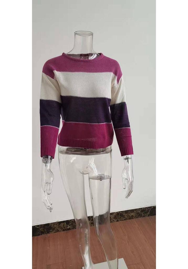 2024 Women's Casual Striped Long Sleeve Round Neck Sweater for Autumn and Winter