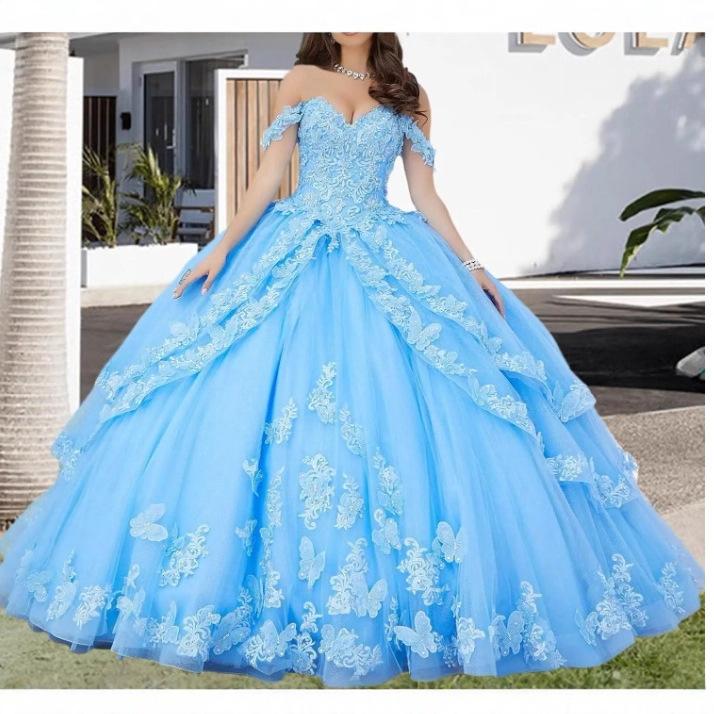 High-end Heavy Industry One-word Shoulder Light Wedding Dress Blue Fugitive Princess Tutu Dress Light Luxury Evening Dress
