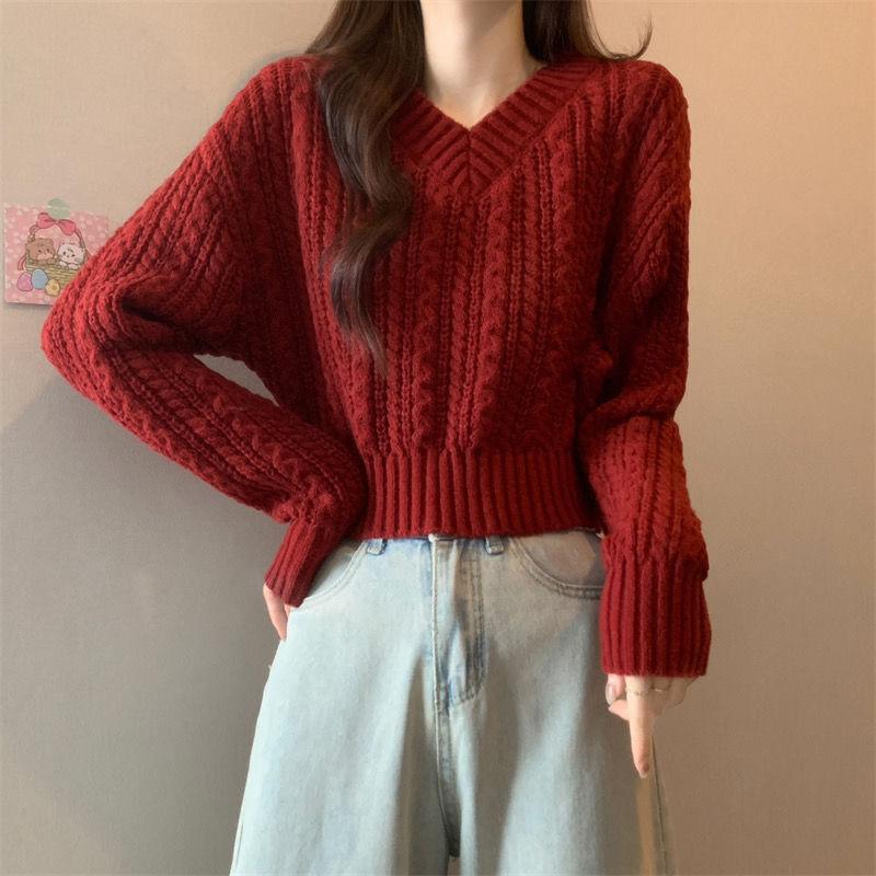 

Осенний вязанный женский свитер с ленивым узором из жареного теста и короткими рукавами и V-образным вырезом M