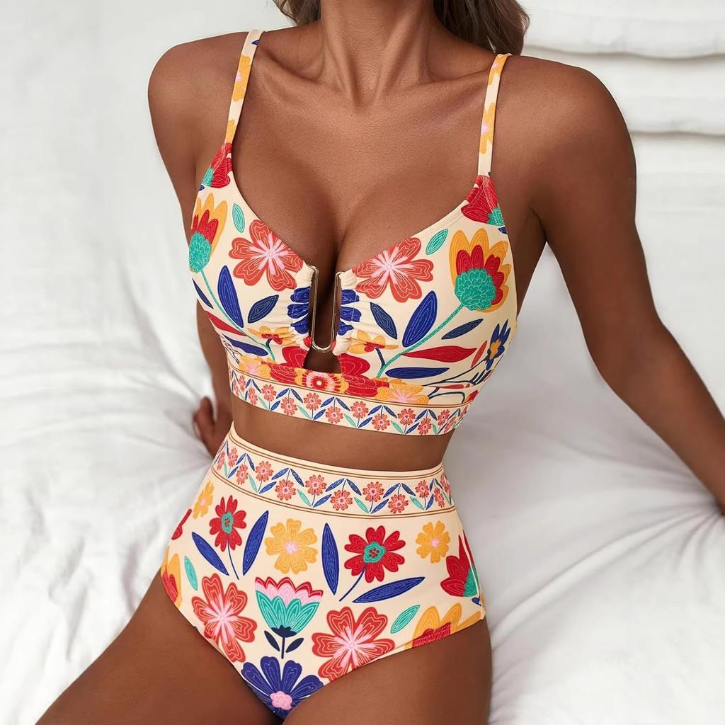 Women's High Waist U-Line Bikini Set Floral Print Swimsuit Cross Back Swimming
