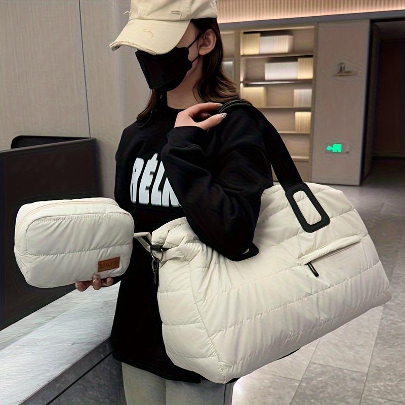 2pcs Large Capacity Padded Women's Tote Bag Set for Travel Fashionable Winter Quilted Handbags Designer Shoulder Bags for Women