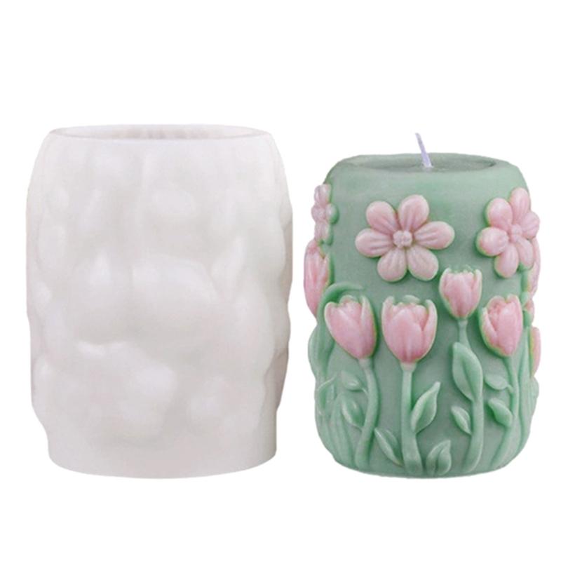 Flower Embossed Cylinder Shape Silicone Molds for Epoxy Resin Making Candle Soap Heat Resistant Floral Silicone Mould