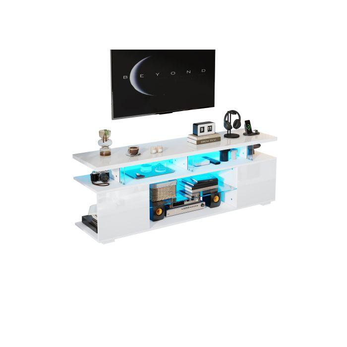 Meuble TV - MUVOE - Moderne - Blanc pur - Verre trempé - Éclairage LED RGB