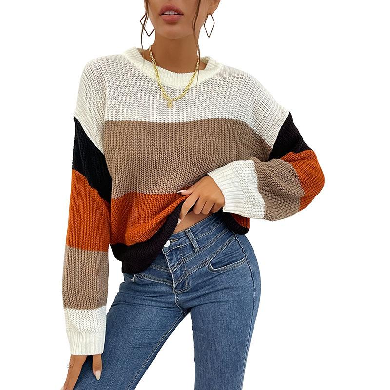 Women's Fall Winter Vintage Sweater Colorblock Round Neck Lazy Wind Style Elegant Casual Warm Top
