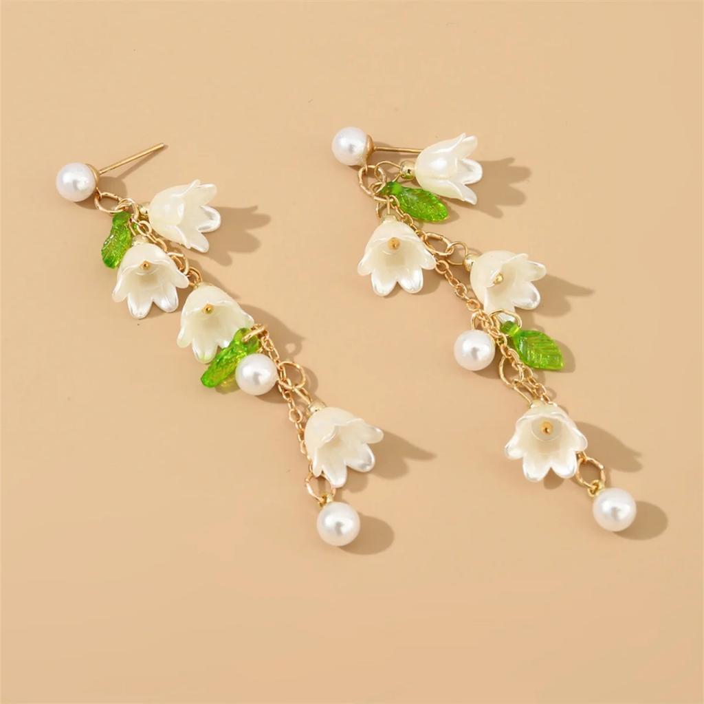 Maiglöckchen Ohrhänger mit Perlenfransen Romantischer Blumenschmuck für Party-Schmuck für Damen Elegante Lange Hängeohrringe