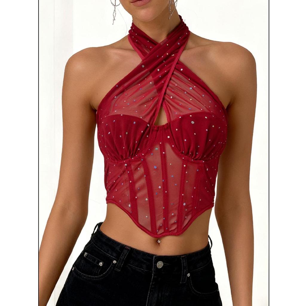 European & American Sexy See-Through Mesh Halter Top with Sequins & Fishbone Rhombus Pattern