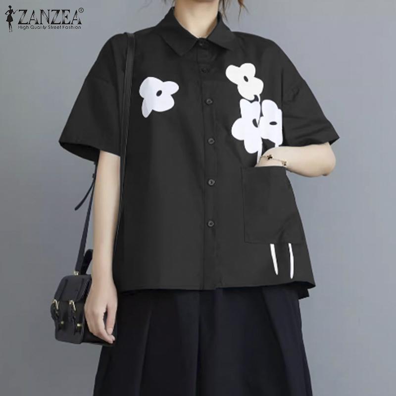 ZANZEA Women Turn Down Collar Floral Print Loose Short Sleeve Blouse