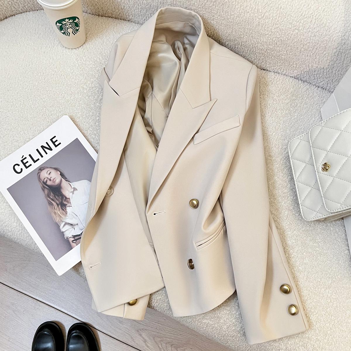 

Women s Retro Beige Blazer: 2025 Spring/Autumn British Style High-End Streetwear Suit Jacket Medium