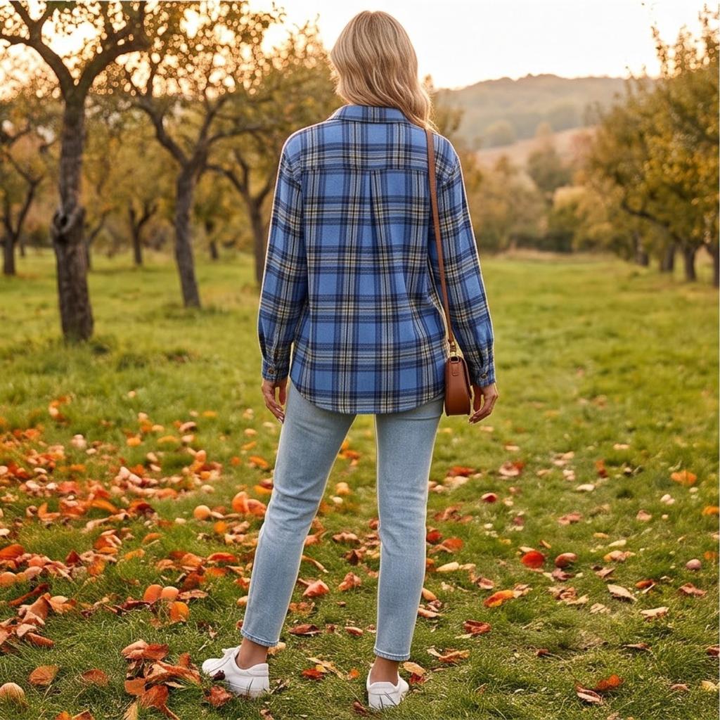 Women's Casual Plaid Long Sleeve Lapel Collar Cardigan Shirt