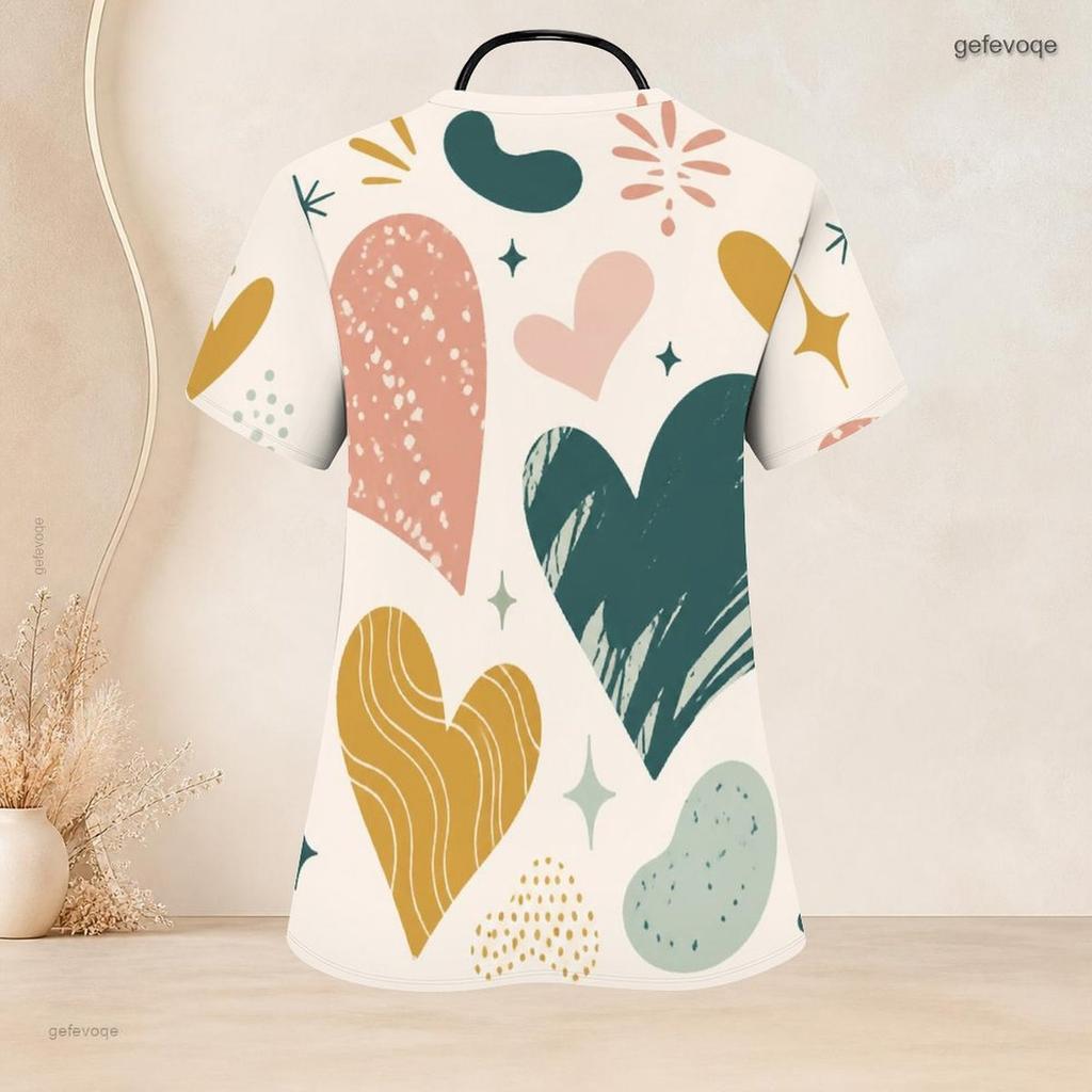 Women Plus Size V Neck Short Sleeve Scrub Top Minimalist Golden Line Intertwined Heart Print Nurse Uniform Top