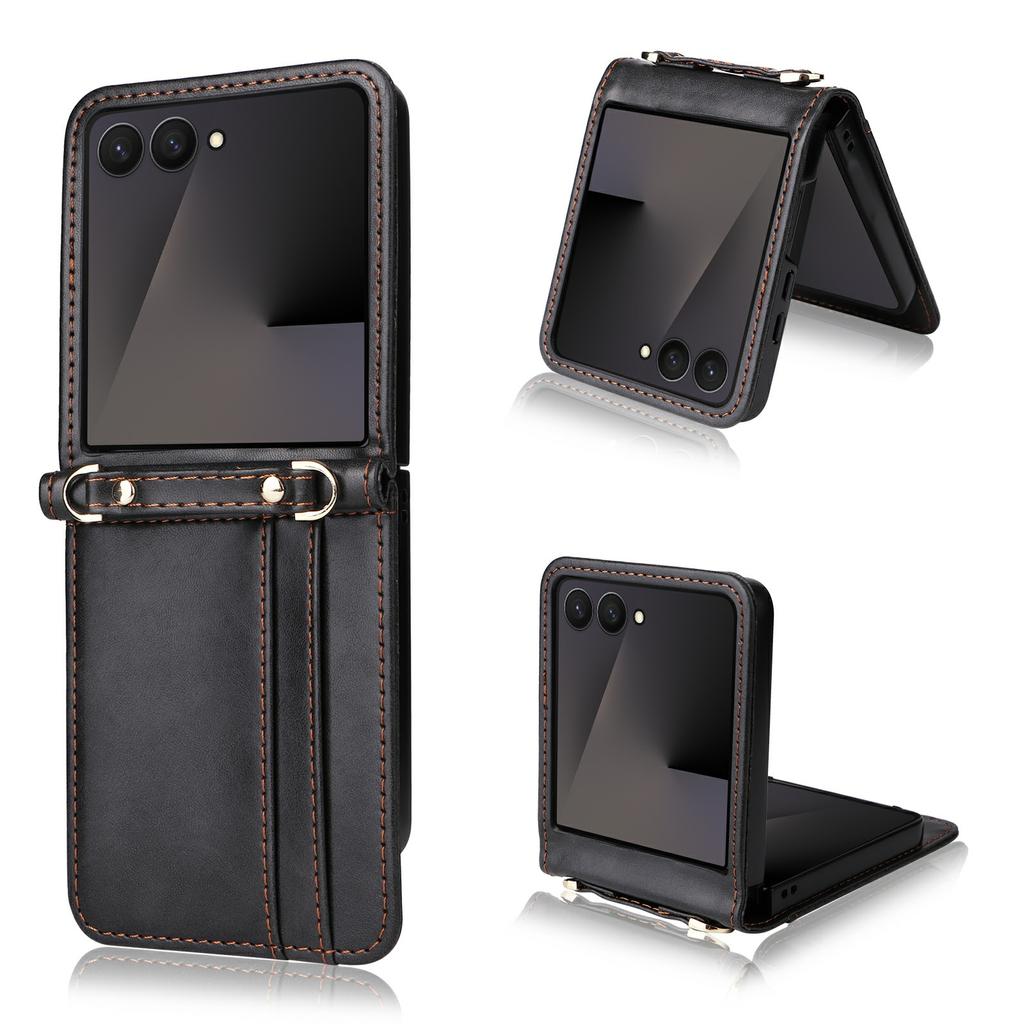 For Samsung Galaxy Z Flip7 5 Case Card Slots Leather Phone Cover with Lanyard