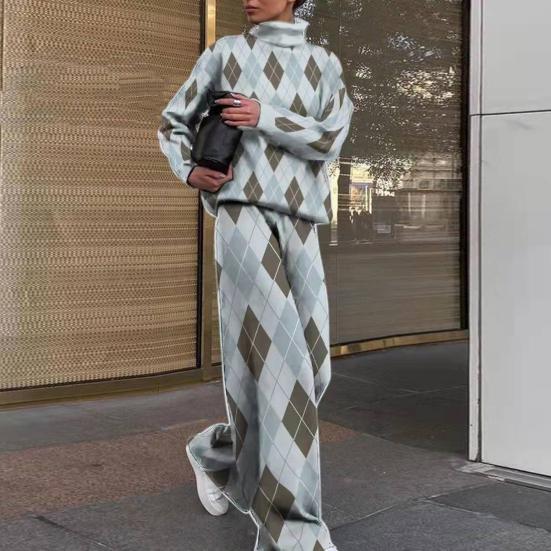 

2 шт./компл., винтажный пуловер, брюки, прямые широкие брюки, холодостойкий, теплый, классический клетчатый топ, брюки, комплект, уличная одежда