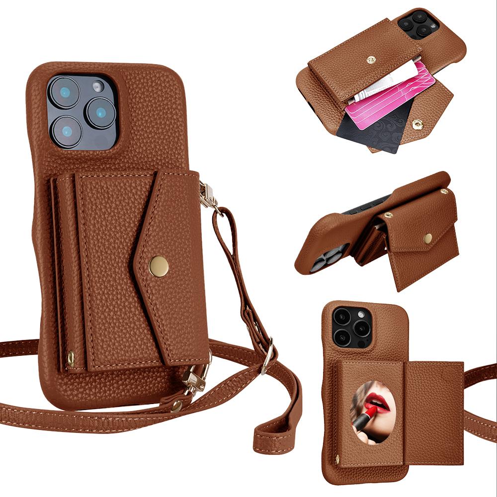 

For iPhone 16 Pro Max Case Mirror Design Card Slots Leather Back Cover with Shoulder Strap Brown