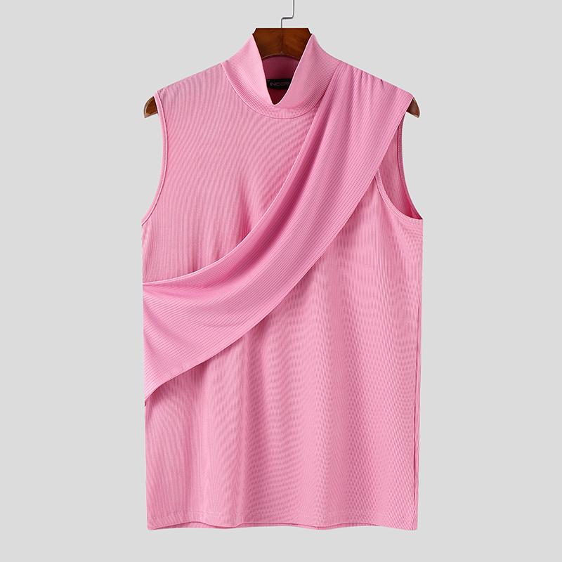INCERUN Summer Men High Neck Sleeveless Front Cross Rib Skinny Tank Tops T-shirts