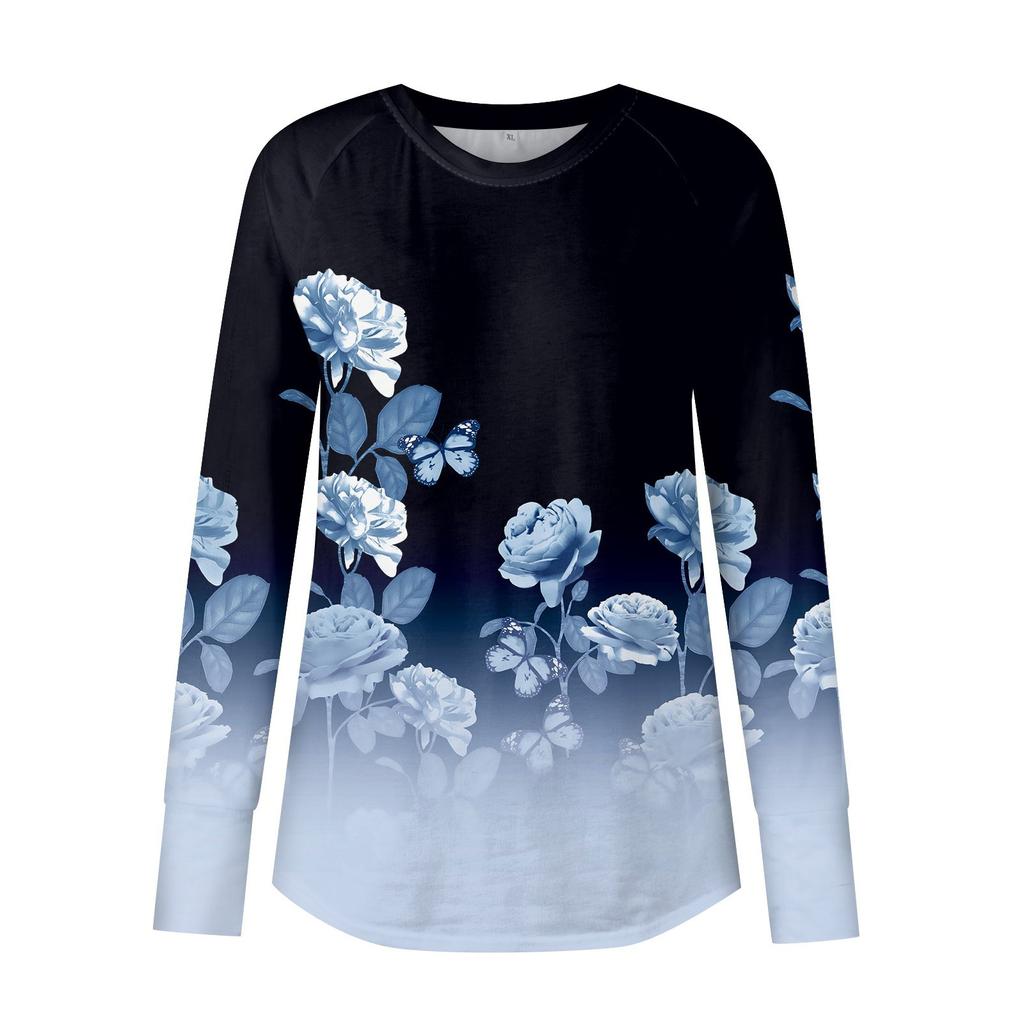 Damen-T-Shirt-Oberteil mit Retro-Aufdruck, Rundhalsausschnitt, lockeren, langen Ärmeln, mittlerer Länge und undichtem Daumen