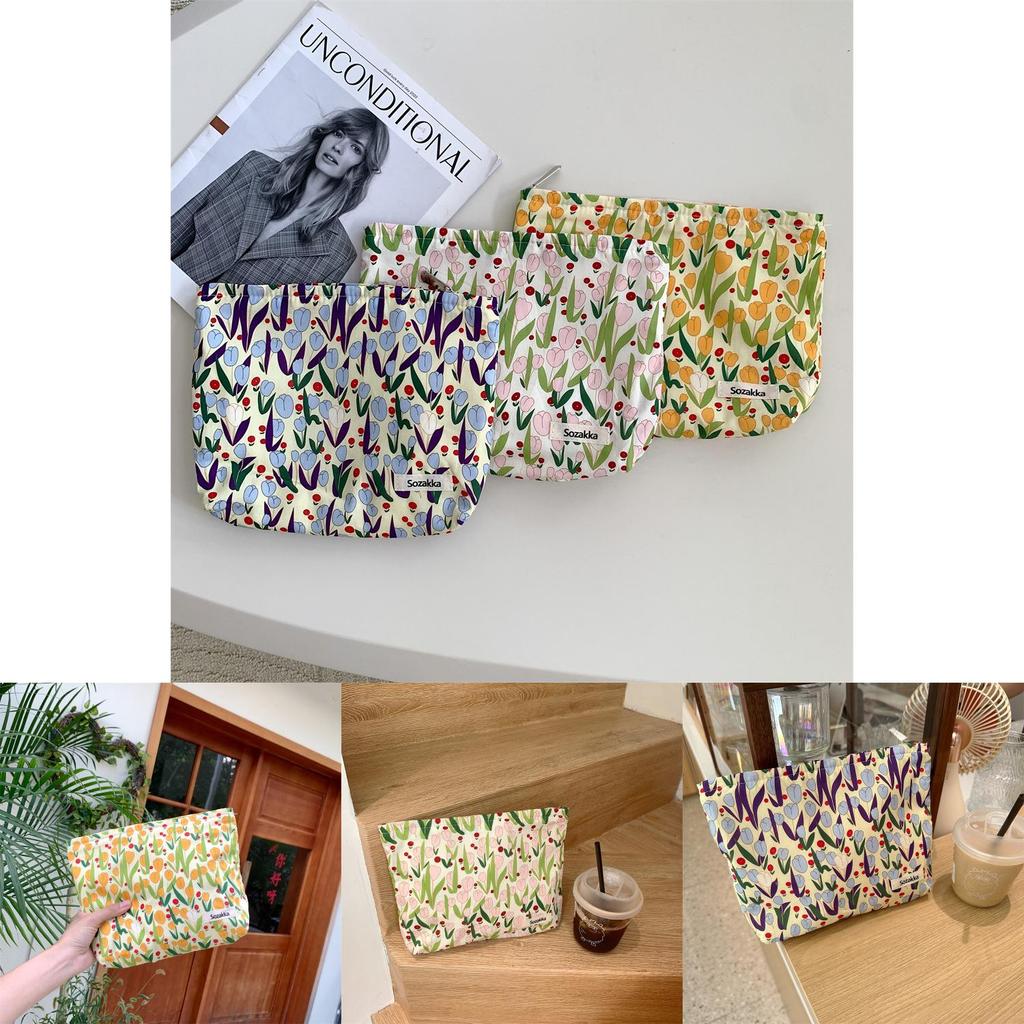 Floral Ins Style Canvas Tulip Cosmetic Bag Skincare Organizer Travel Wash Bag Inner Bag Street Fashion Yellow