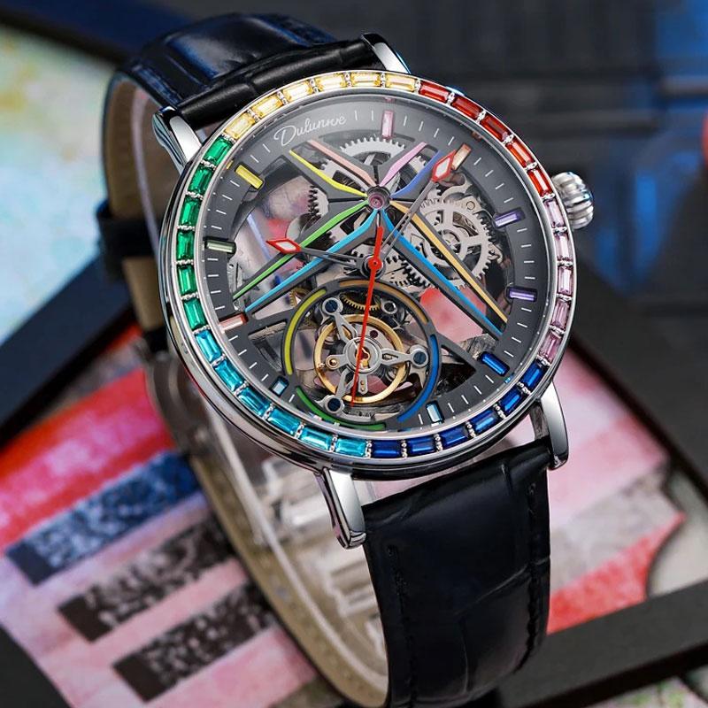 Herrenuhr Topmarke 3ATM Vollstahl Wasserdicht Automatisch Mechanisch Skelett Design Tourbillon Leuchtend Herrenuhr