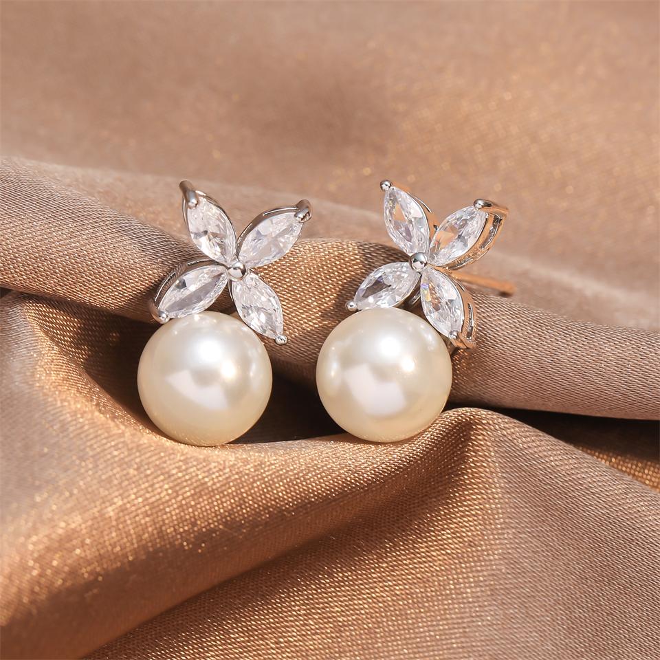 ZAKOL 2 Pcs Simple Marquise Zircon Pearl Stud Earrings Necklace Jewelry Sets for Women Charm Jewelry Gift