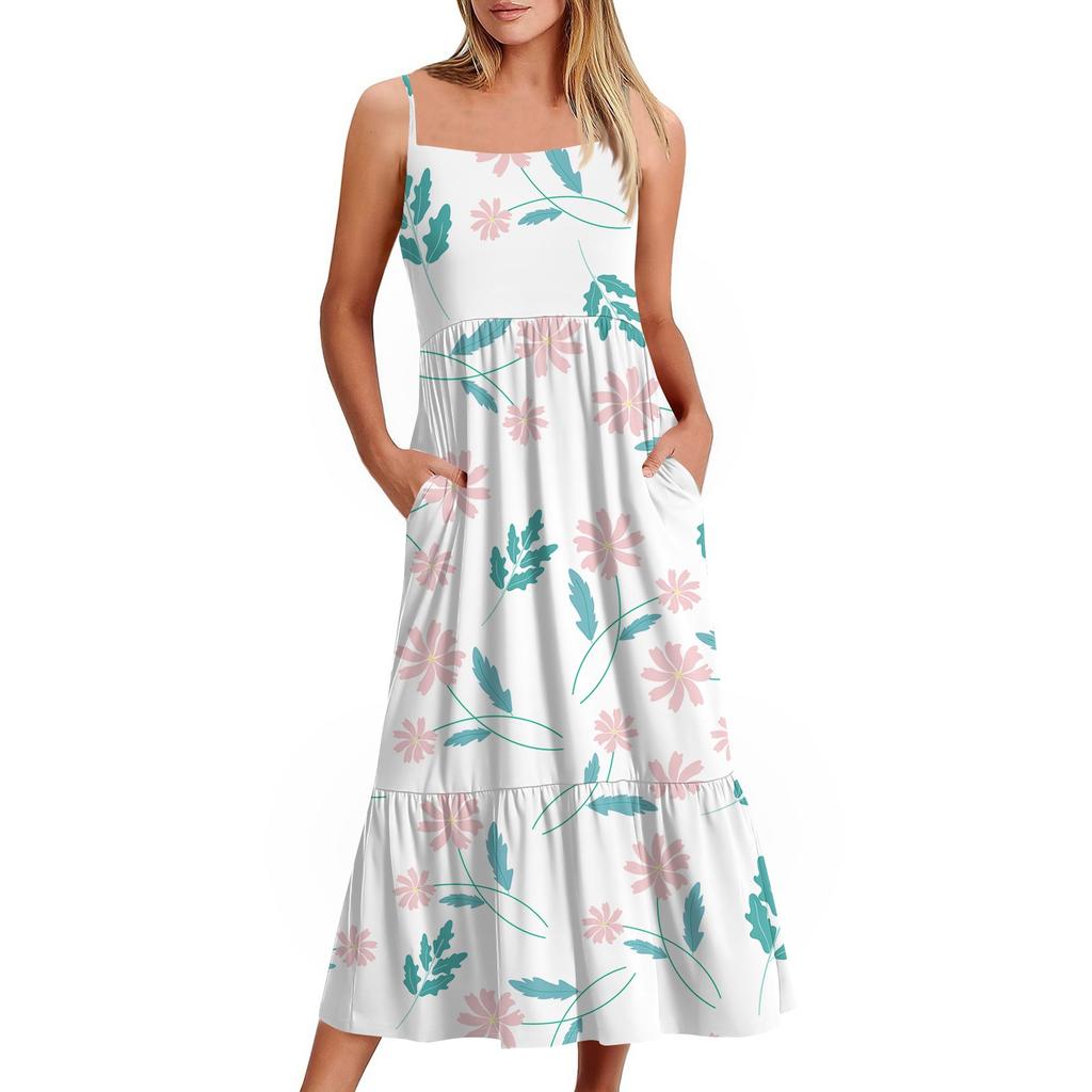 Women's Long Beach Casual Elegant Spaghetti Strap Maxi Dress Floral Low-key Flowing Bohemian Dress