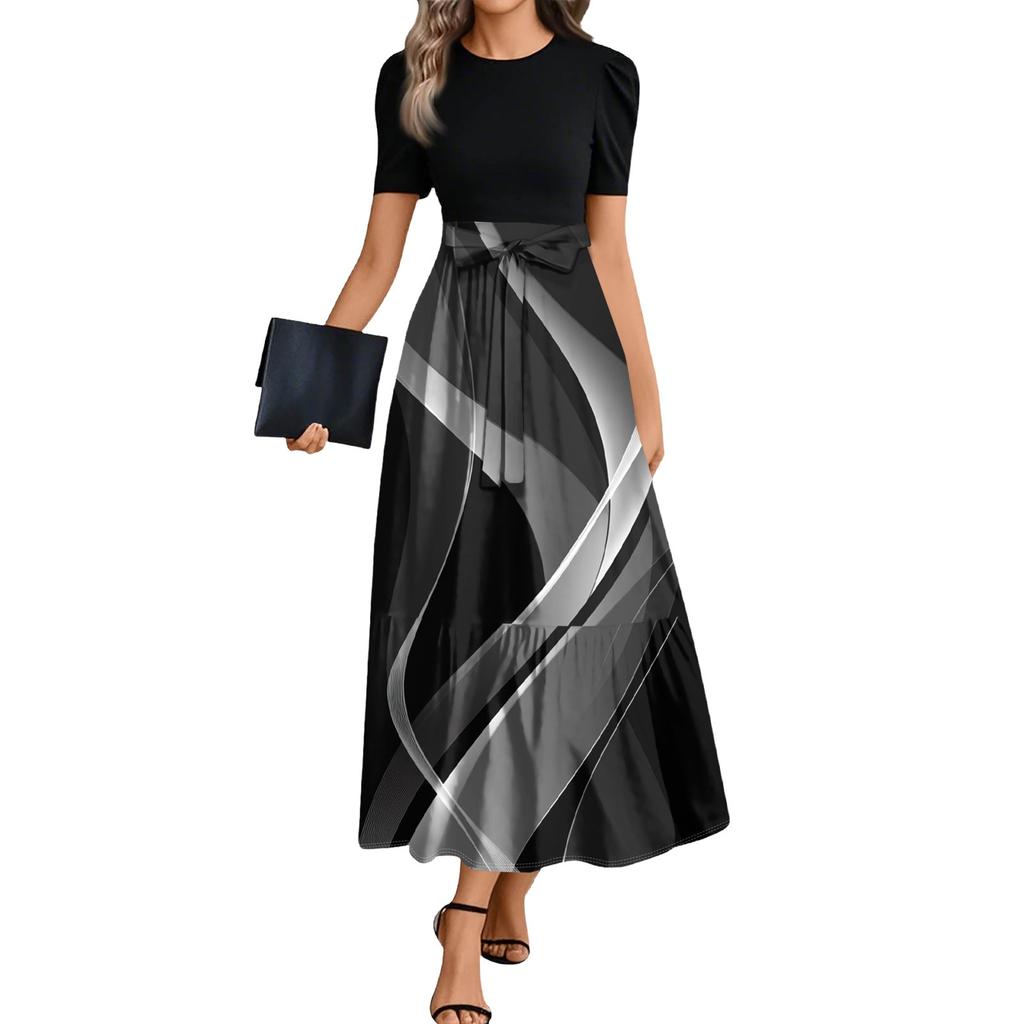 Ladies Fashion Casual Belt Short Sleeve Round Neck Floral Print Splicing Elegant Temperament Dress