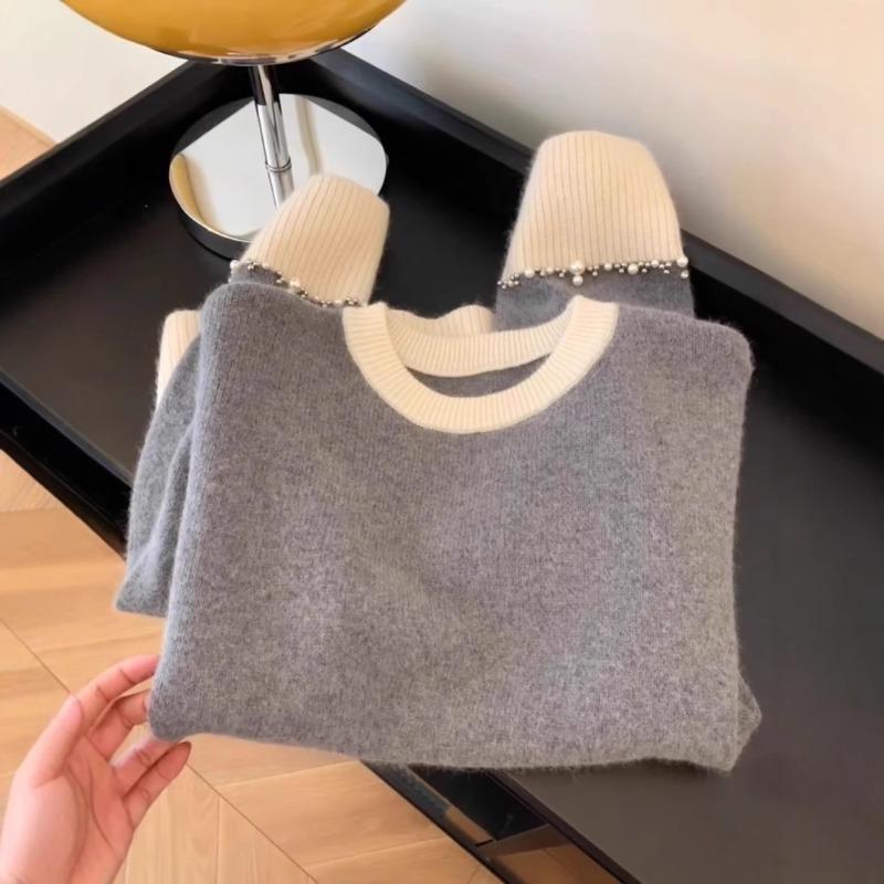 

Lazy wind loose color matching pullover sweater women s autumn and winter design sense niche cuff beads one size fits all серый