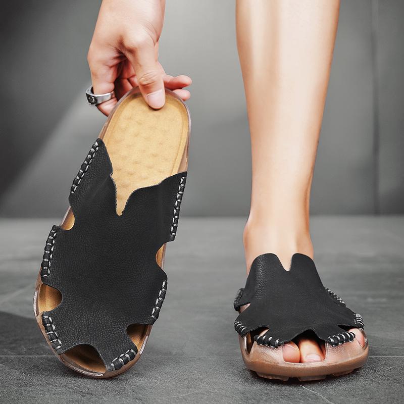 Fashion Men's Big Size Handmade Premium Leather Closed-Toe Sandals Summer Breathable Comfortable Flats Outdoor Daily Slippers Male Shoes