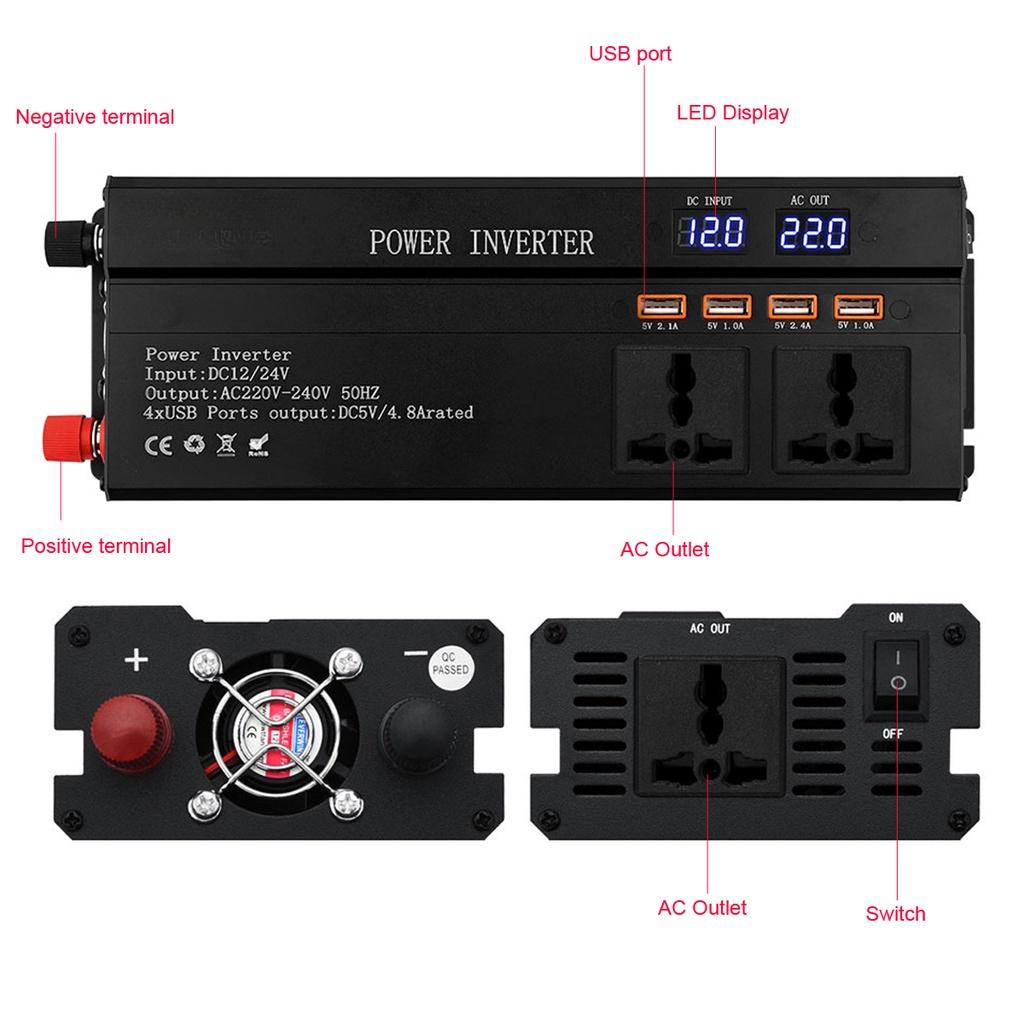 DC12/24V 3000/4000/6000W USB Car Inverter Converte LED Display Modified Sinewave Power Inverter Socket Adapter Charger