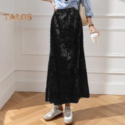 Women Fishtail Skirt Elastic High Waist A-Line Mid-calf Length Skirt Solid Color Velvet Large Hem Skirt Daily Wear