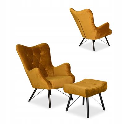 Scandinavian Armchair Luna with Footrest, Pouffe, Button,, Gold, Yellow