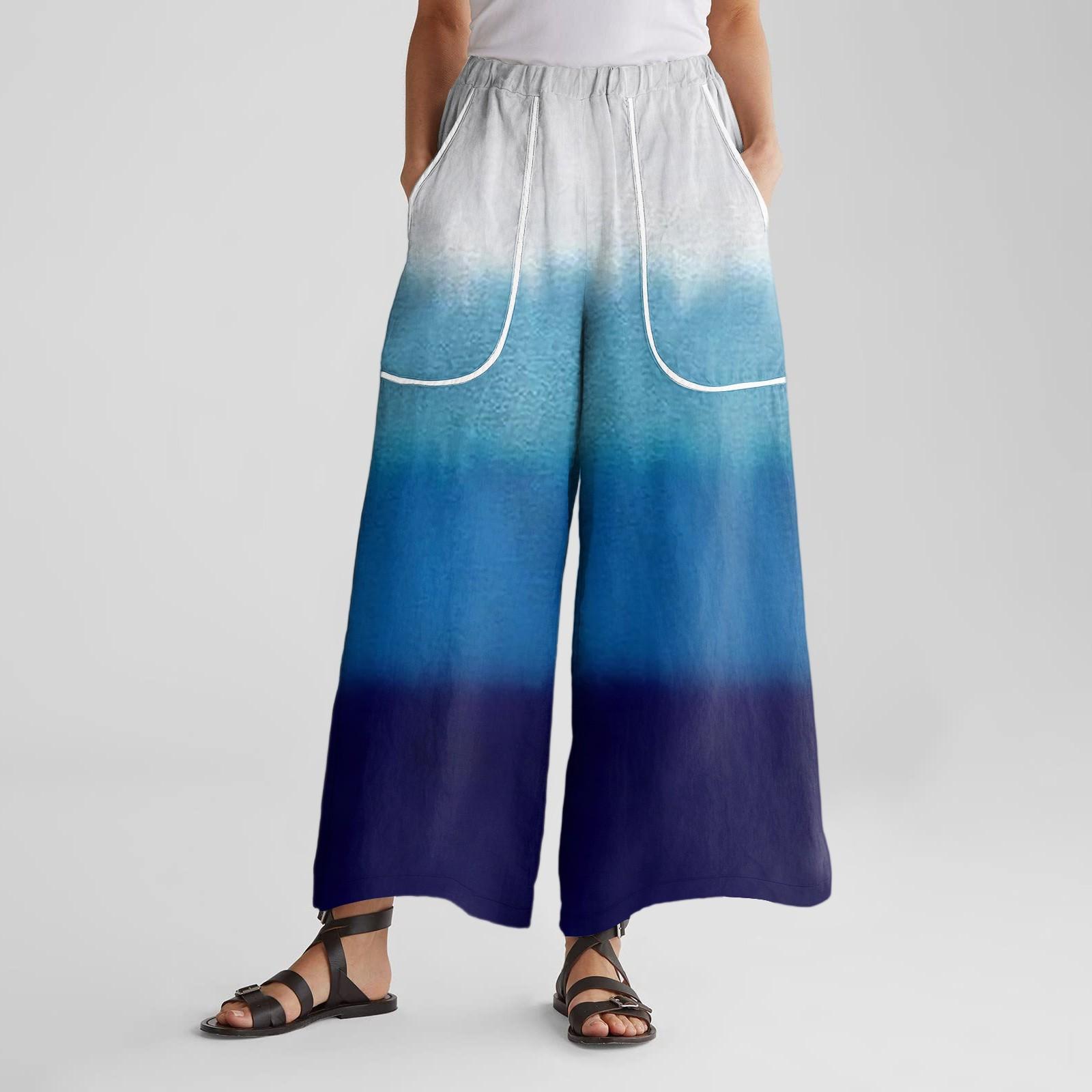 

Жіночі штани широкого крою з еластичним поясом, принтом, великими кишенями, оздобленням печворк, вільні штани XL синій