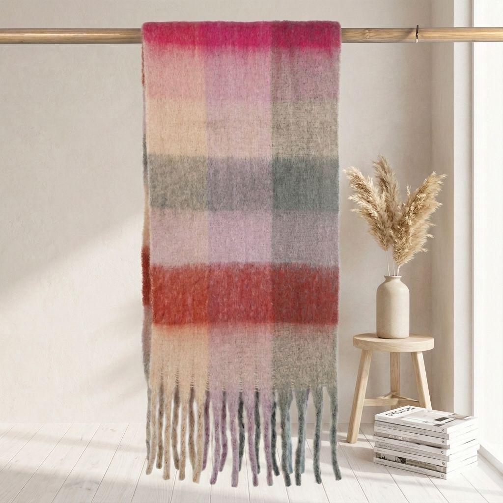 Women's High-Grade Colorful Plaid Mohair Scarf - Thick, Warm, and Versatile for Winter