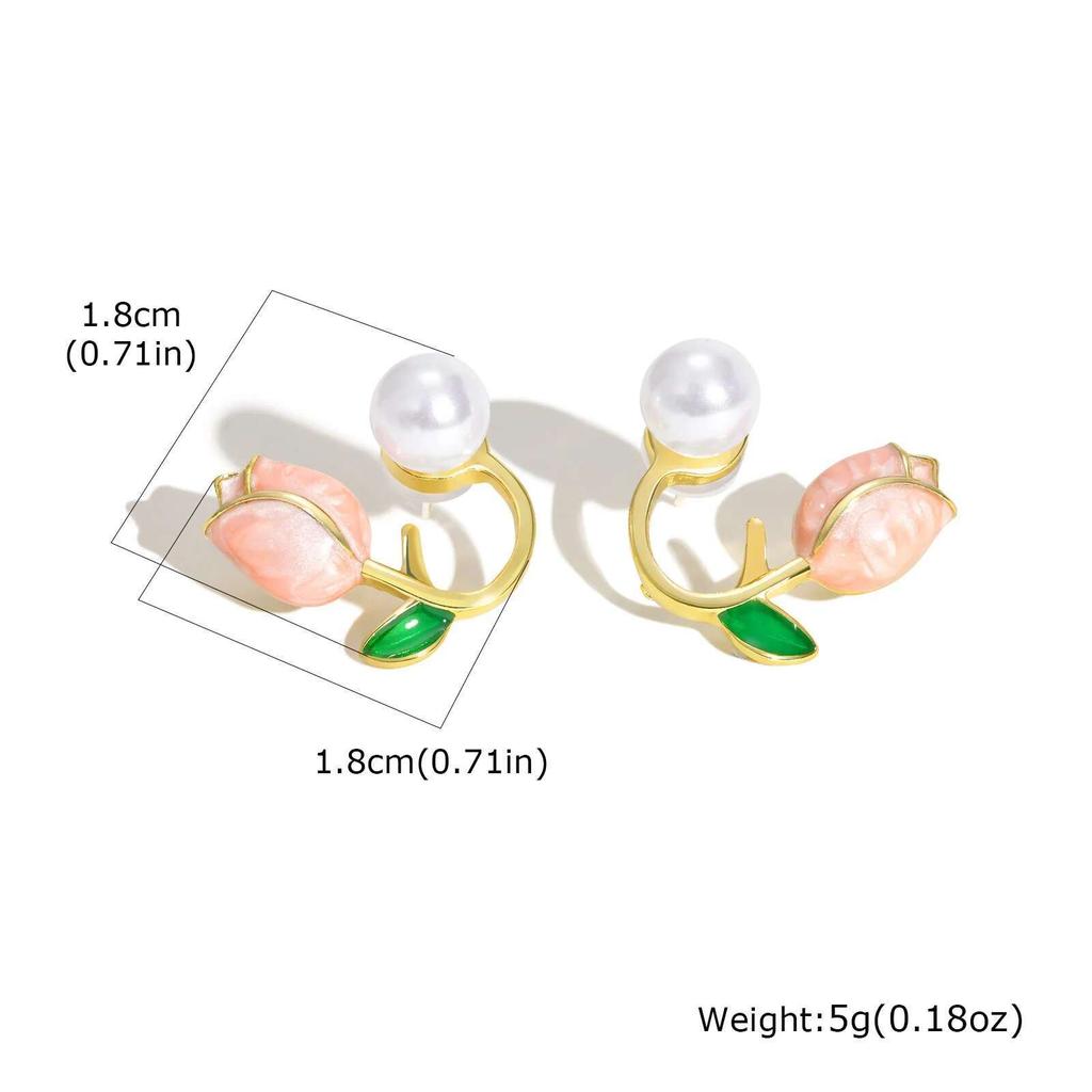 Prjewel Hellrosa Tulpenperlen Ohrstecker Exquisiter Vergoldeter Ohrring für Damen Romantischer Statement-Schmuck Mädchengeschenk