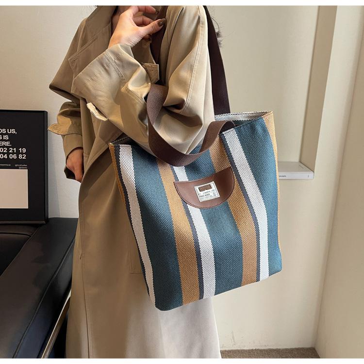 Striped Canvas Bag Women's New Summer Casual Lightweight Shoulder Bag Large Capacity Tote Bag Shopping Bag