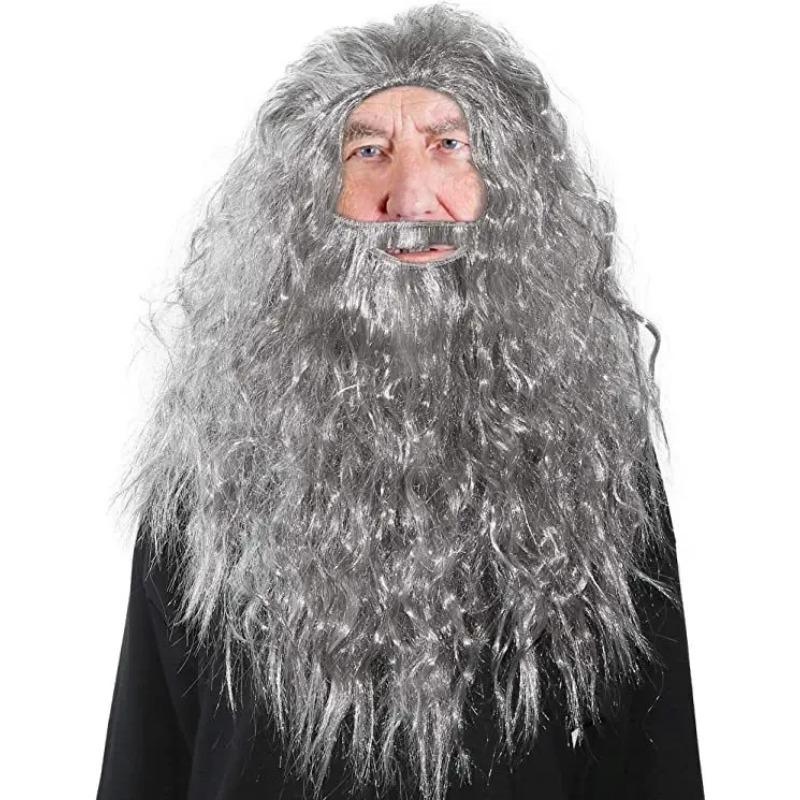 Christmas Cosplay Hobbit Gandalf Cosplay Wig and Beard Set Headpiece for Lord of the Rings Fans Party and Holiday DIY Decoration