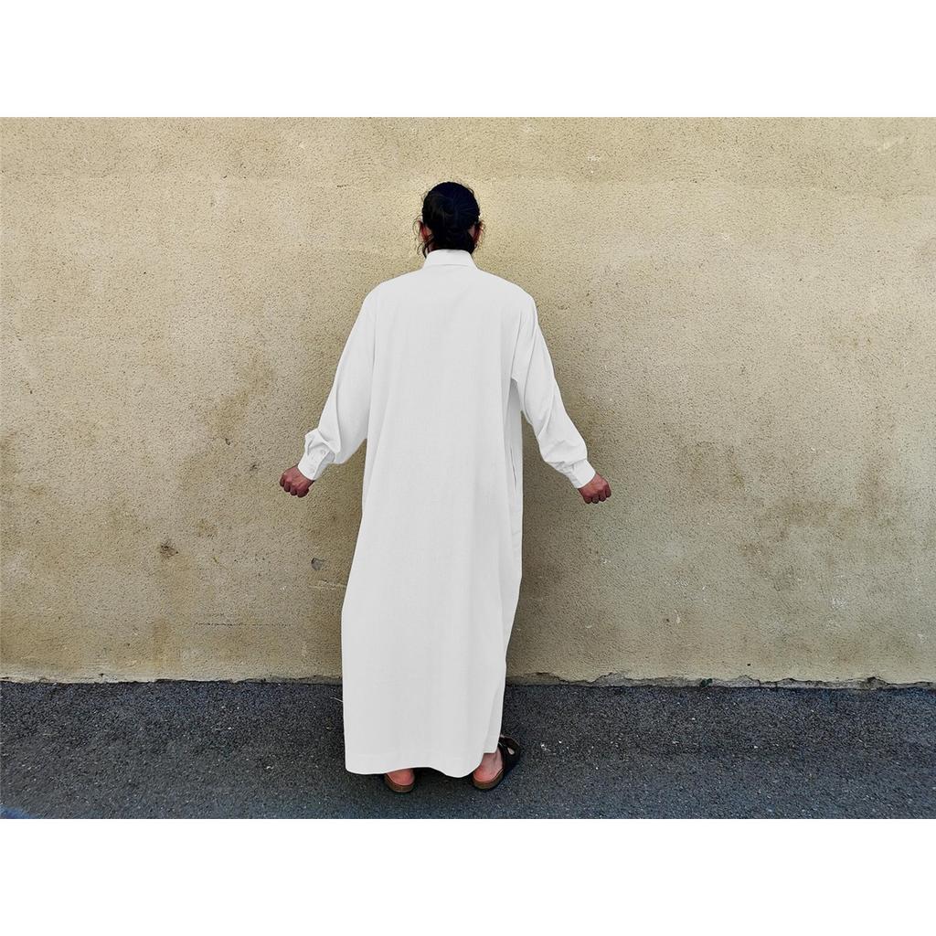 Herren einfarbig Langarm POLO-Kragen locker Leinen Muslimische Robe Kleidung Verkauf