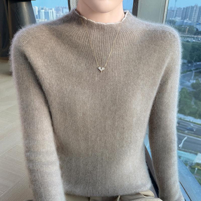 Women's Slimming Pure Wool Lace Half-High Collar Sweater - Ready-to-Wear Knit Pullover Base Layer