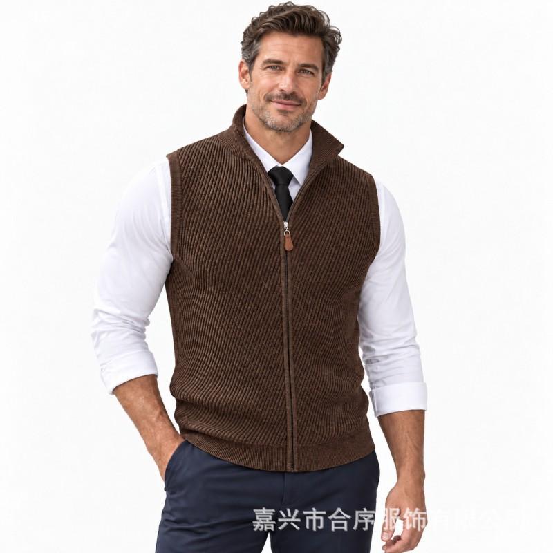 Mens Knit Vest Business Stand Collar Full Zip Slim Fit Sleeveless Sweater Winter