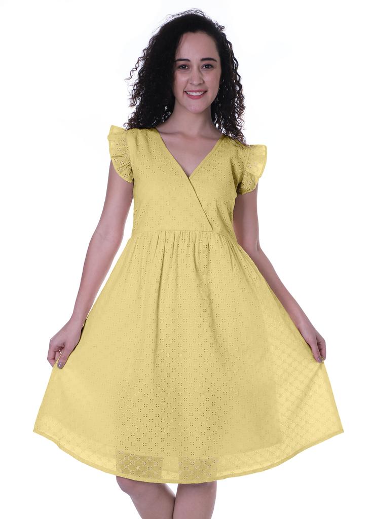 Moomaya Schiffli Dress Frill Sleeve W  V-neck Casual Relaxed Summer Garden