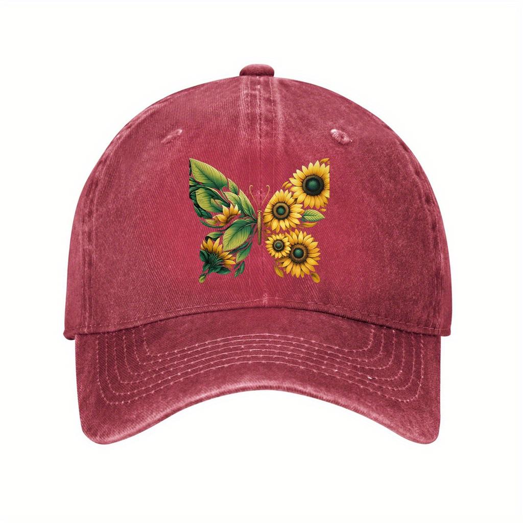 Sunflower Butterfly Print Cotton Baseball Cap Vintage Washed Dad Hat Adjustable Casual Cap