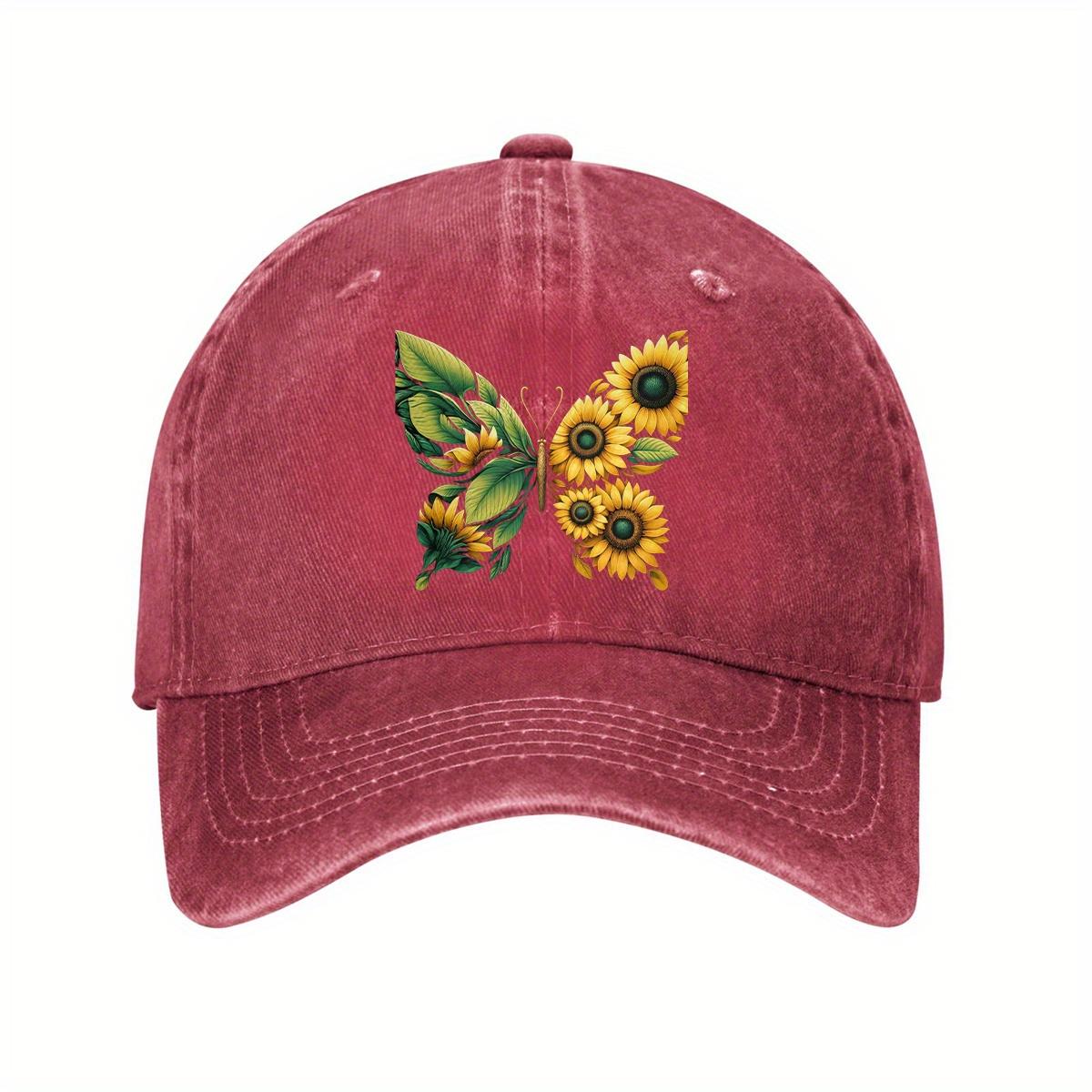 

Sunflower Butterfly Print Cotton Baseball Cap Vintage Washed Dad Hat Adjustable Casual Cap One Size