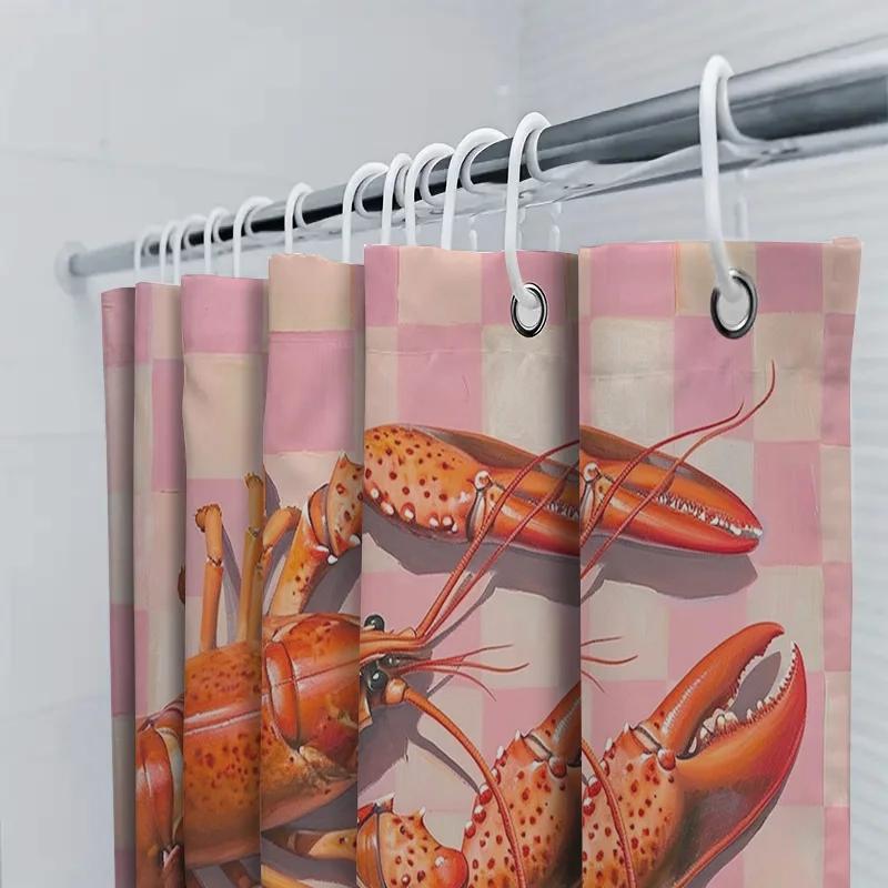 Printed Bath Curtains Pink Checkered Lobster Shower Curtain For Bathroom Decoration Waterproof Fabric Shower Panels Set With