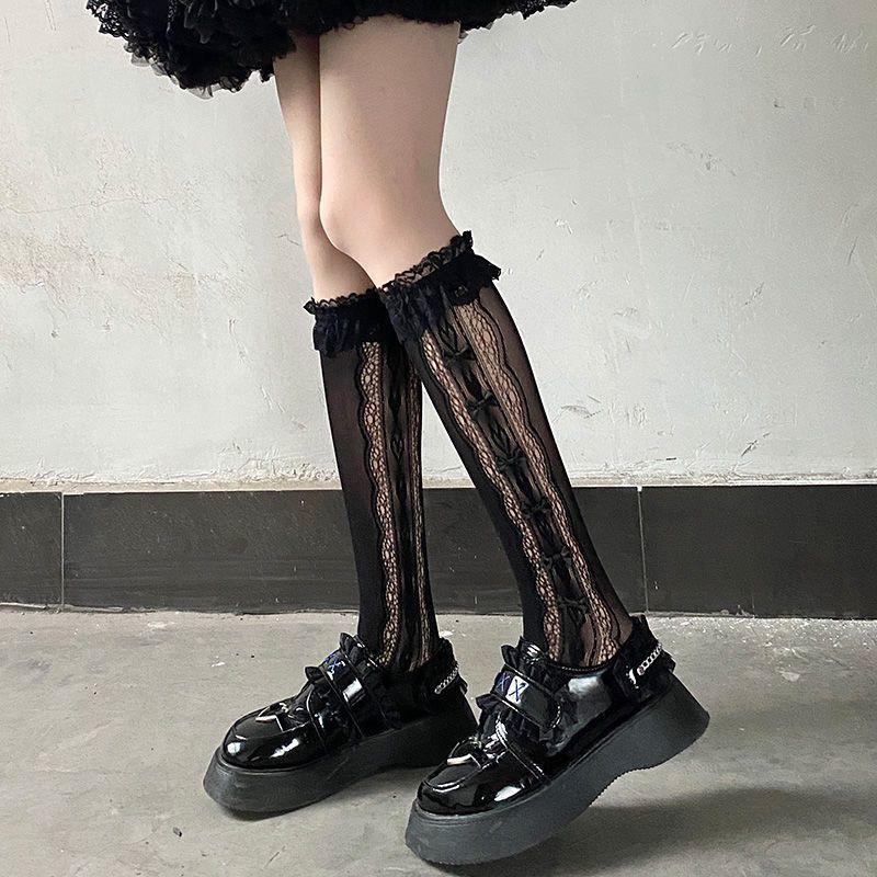 Japanese-style Lace Summer-Autumn Thin Bowknot Knee-High JK Socks with Ruffled Trim