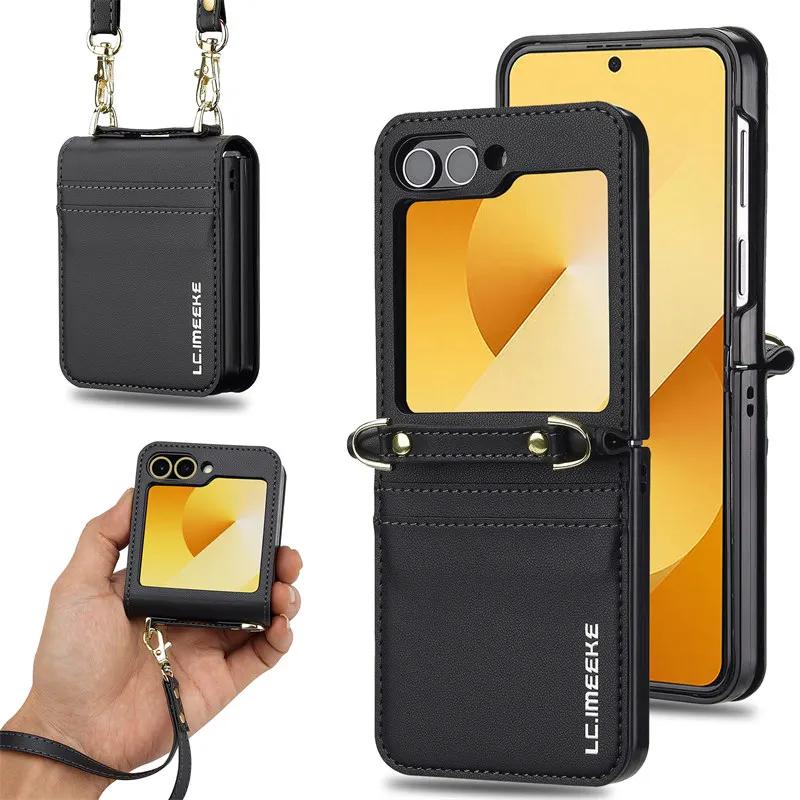 Magnetic Flip Leather Phone Case for Samsung Galaxy Z Flip 6 5 4 3 5G Flip6 Flip5 Flip4 Wallet Card Cover Etui Coque