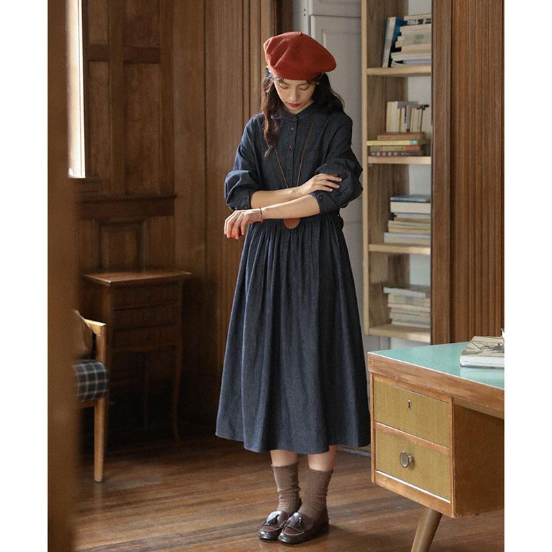 Johnature Japanese Literary Round Neck Dark Blue Tie Crew Neck Long Sleeve Dresses Spring Casual Dress Women